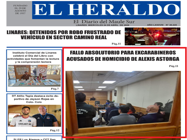 Diario El Heraldo destac&oacute; en su portada la absoluci&oacute;n de los carabineros representados por la Defensor&iacute;a Penal P&uacute;blica.